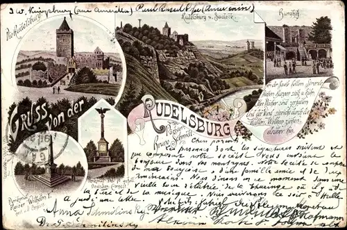 Litho Saaleck Bad Kösen Naumburg Saale, Rudelsburg, Burghof, Denkmal, 1895