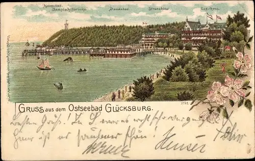 Litho Glücksburg an der Ostsee, Damenbad, Strandhotel, Logirhaus, Herrenbad