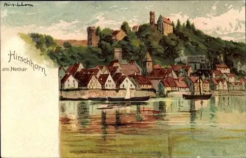 Künstler Litho Hirschhorn Neckar, Blick auf den Ort, Burg