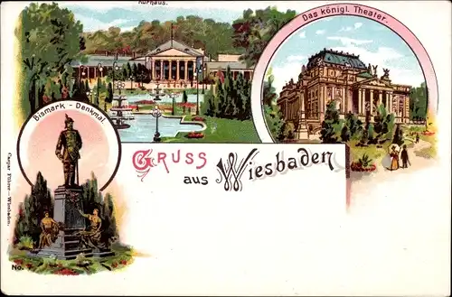 Litho Wiesbaden in Hessen, Kurhaus, Bismarck-Denkmal, Theater