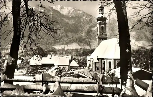 Ak Lenggries in Oberbayern, Teilansicht, Kirche, Brauneck, Winter