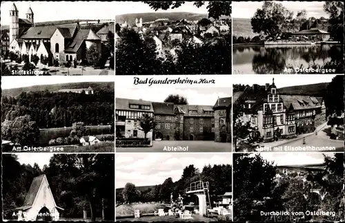 Ak Bad Gandersheim am Harz, Stiftskirche, Abteihof, Elisabethbrunnen, Osterbergsee, Schwimmbad