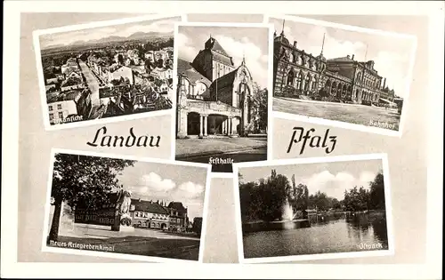 Ak Landau in der Pfalz, Neues Kriegerdenkmal, Bahnhof, Festhalle, Ostpark