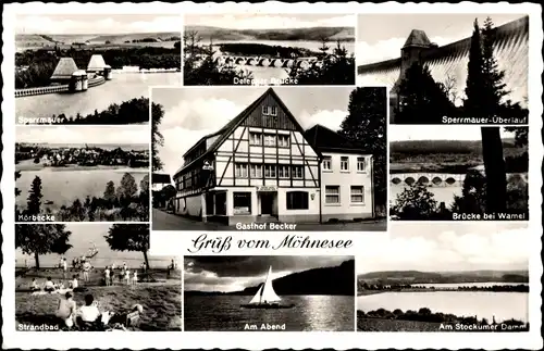 Ak Körbecke Möhnesee, Gasthof Becker, Sperrmauer, Strandbad, Wamel, Stockumer Damm