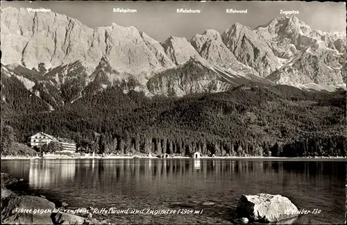 Ak Grainau in Oberbayern, Eibsee, Waxenstein, Riffelwand, Zugspitze
