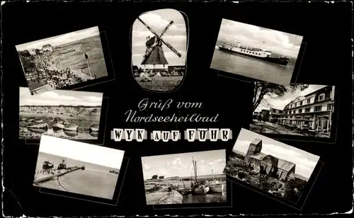Ak Wyk auf Föhr Nordfriesland, Windmühle, Seebrücke, Kirche, Teilansichten, Schiff