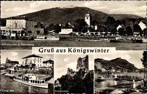 Ak Königswinter am Rhein, Gesamtansicht, Petersberg, Drachenfels, Europäischer Hof, Fähre