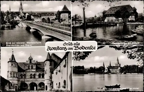 Ak Konstanz am Bodensee, Rheinbrücke, Münster, Insel-Hotel, Rathaus, Gondelhafen, Konzil