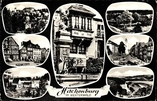 Ak Hachenburg im Westerwald, Alter Markt, Marktbrunnen, Abtei Marienstatt, Teilansichten