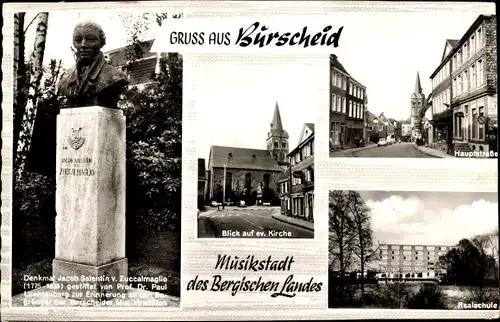 Ak Burscheid, Denkmal Zuccalmaglio, Realschule, Hauptstraße, evangelische Kirche