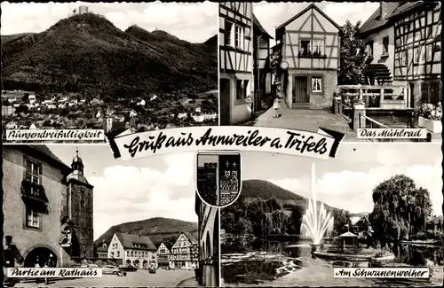 Ak Annweiler am Trifels Pfalz, Burgendreifaltigkeit, Rathaus, Mühlrad, Schwanenweiher