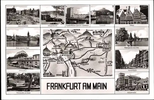 Ak Frankfurt am Main, Römer, Bahnhofplatz, Festhalle, Hauptwache, Landkarte, Brücke, Teilansichten