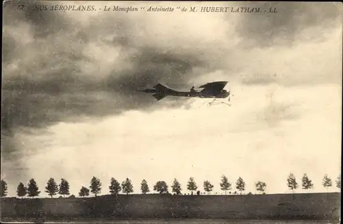 Ak Monoplan Antoinette, M. Hubert Latham, Aéroplane