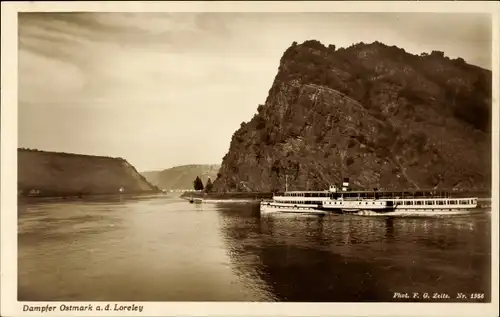 Ak Salondampfer Ostmark an der Loreley, Rheinpartie, Loreleyfelsen