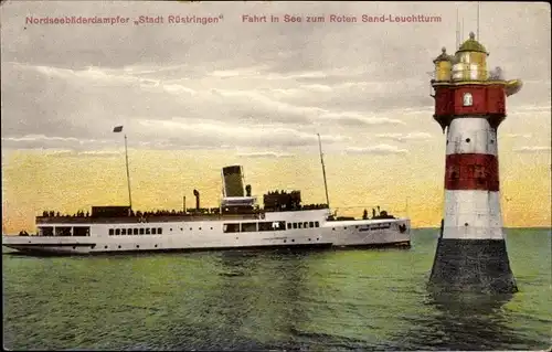 Ak Nordseebäderdampfer Stadt Rüstringen, Fahrt in See zum Roten Sand Leuchtturm