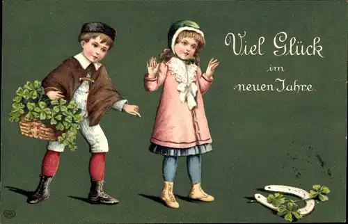 Präge Ak Glückwunsch Neujahr, Kinder, Hufeisen, Glücksklee