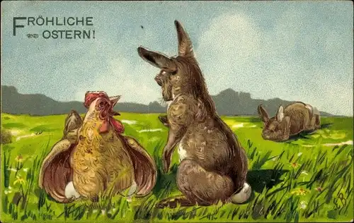 Präge Litho Glückwunsch Ostern, Huhn sitzt auf Eiern, Hasen