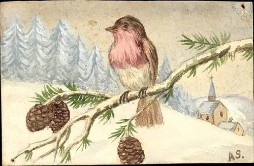 Handgemalt Ak Vogel auf einem Ast im Winter, Rotkehlchen