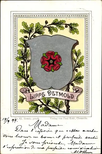 Wappen Litho Lippe Detmold, Rose, Eichenlaub, Adel Schaumburg Lippe