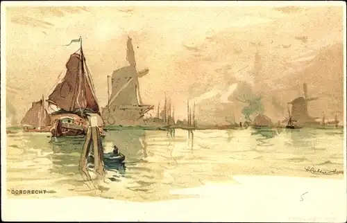 Künstler Litho Cassiers, H., Dordrecht Südholland Niederlande, Windmühlen, Wasser
