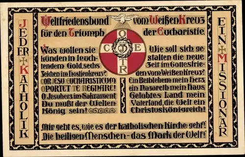 Ak Weltfriedensbund vom Weißen Kreuz für den Triumph der Eucharistie, Missionskarte 1