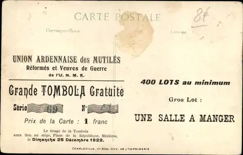 Künstler Ak Les Tournedos Bordelaise, Union Ardennaise des Mutiles, Tombola