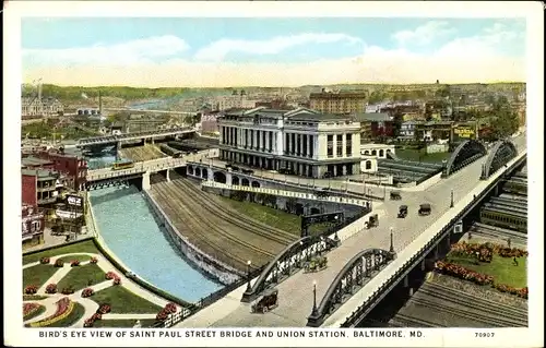 Ak Baltimore Maryland USA, Saint Paul Street Bridge und Union Station