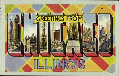 Ak Illinois USA, Wandgemälde „Grüße aus Chicago“.