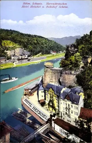 Ak Hřensko Herrnskretschen Elbe Reg. Aussig, Hotel Hetschel, Tschech. Schweiz