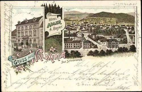 Litho Waldkirch im Breisgau Schwarzwald, Hotel Adler, Inh. A. Bayer, Panorama