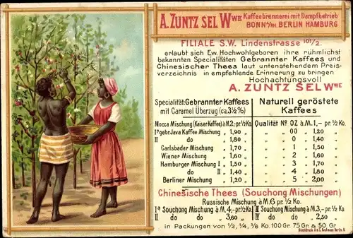 Litho Kaffee-Ernte, Reklame, Kaffeebrennerei A. Zuntz Sel