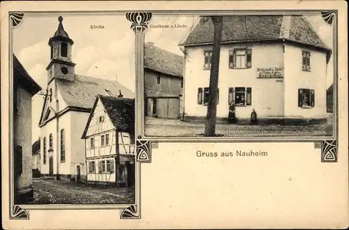 Ak Nauheim in Hessen, Schankwirtschaft Zur Linde, Rathausstraße 5, Evangelische Pfarrkirche