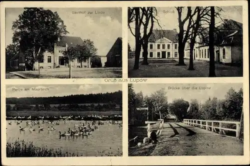 Ak Łupawa Lupow Pommern, Gasthof zur Linde, Schloss, Moorteich, Brücke