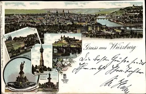 Litho Würzburg, Panorama, Frankenwarte, Luitpoldsbrunnen, Käpple, Festung, Kiliansbrunnen