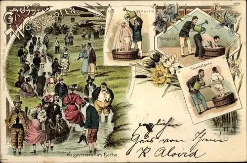 Litho Bad Wörishofen im Unterallgäu, Kneipp-Kur, Wassertreten, Vollguss, Oberguss, Schenkelguss