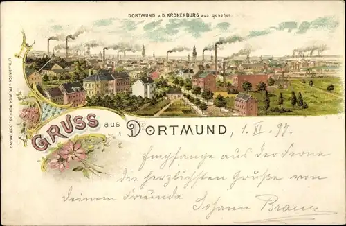 Litho Dortmund im Ruhrgebiet, Stadtpanorama von der Kronenburg aus