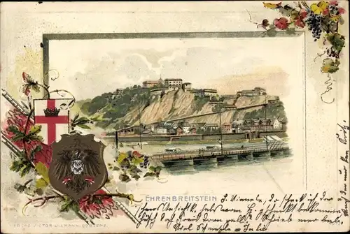 Präge Wappen Litho Ehrenbreitstein Koblenz am Rhein, Festung, Schiffbrücke