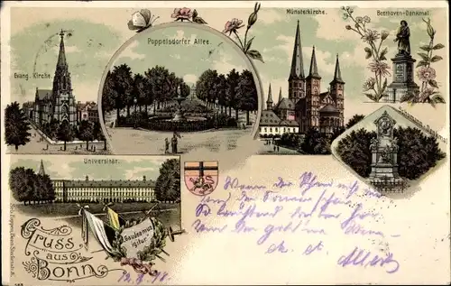 Litho Bonn am Rhein, Universität, Ev. Kirche, Münsterkirche, Poppelsdorfer Allee, Beethoven Denkmal