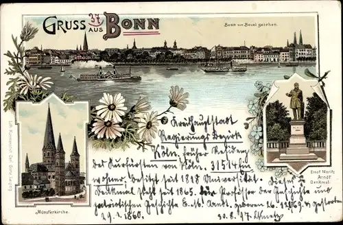 Litho Bonn am Rhein, Stadt von Beuel aus gesehen, Münsterkirche, E. M. Arndt Denkmal