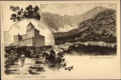 Litho Szklarska Poręba Schreiberhau Riesengebirge, Schneegrubenbaude, Schneegruben