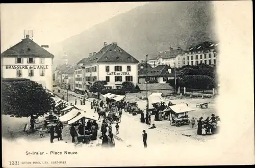 Ak Saint Imier Kanton Bern, Place Neuve, Brasserie de l'Aigle, Cafe du Jura