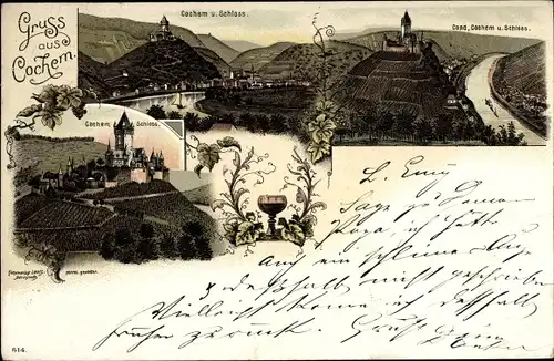 Litho Cochem an der Mosel, Panorama, Schloss, Weinglas