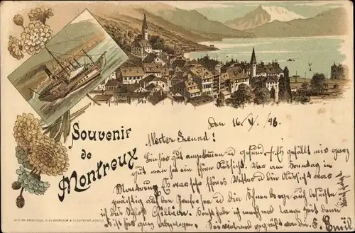 Litho Montreux Kanton Waadt Schweiz, Gesamtansicht, Schiff, Blumen