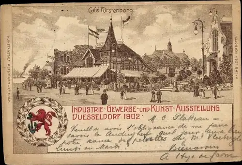 Litho Düsseldorf am Rhein, Industrie und Gewerbeausstellung 1902, Cafe Fürstenberg