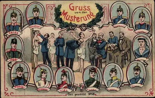 Litho Gruß von der Musterung, Garde, Jäger, Pionier, Kürassier, Ulan, Husar, Infanterie, Marine