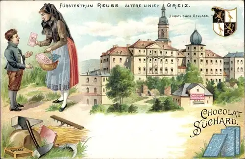 Litho Greiz im Vogtland, Schloss, Reklame, Chocolat Suchard, Frau in Tracht