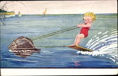 Künstler Ak Wills, John, Kind fährt Wasserski, Fisch