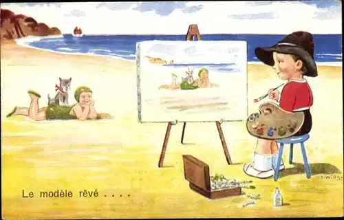 Künstler Ak Wills, John, Kind als Maler am Strand, Mädchen im Badeanzug, Hund