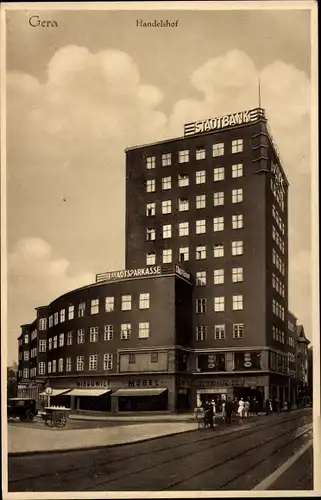 Ak Gera in Thüringen, Hochhaus Handelshof, Stadtbank, Stadtsparkasse