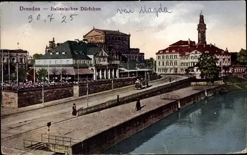 Ak Dresden Altstadt, Italienisches Dörfchen, Straßenbahn, Elbe